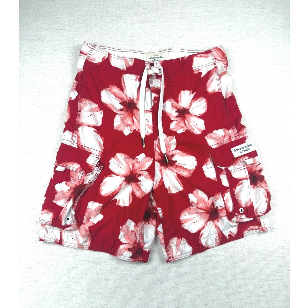 Vintage Y2K Abercrombie & Fitch Mens XL Swim Trunks Red Floral Cargo Board Short